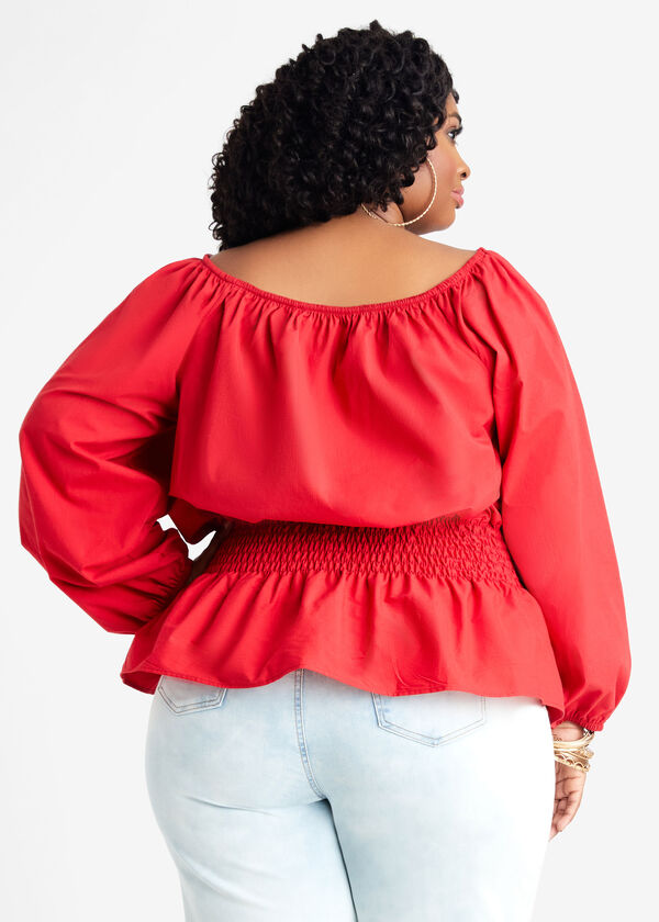 Cotton Balloon Sleeve Peasant Top, Red image number 1