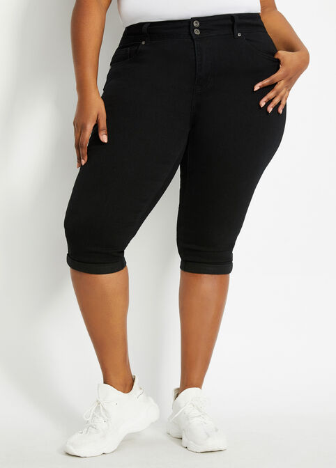 Plus Size Fearless Denim Rolled Cuffed Two Button Capri image number 0