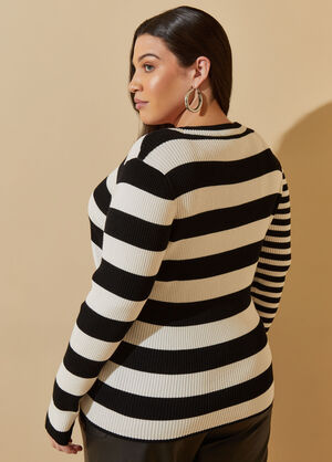Striped Ribbed Sweater, Black White image number 1