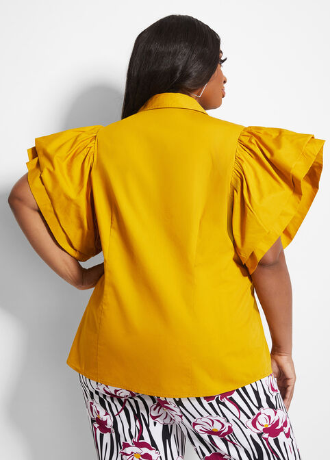 Cotton Tiered Sleeve Button Up Top, Nugget Gold image number 1