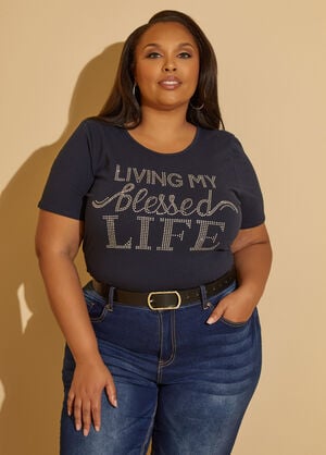 My Blessed Life Embellished Tee, Navy image number 0