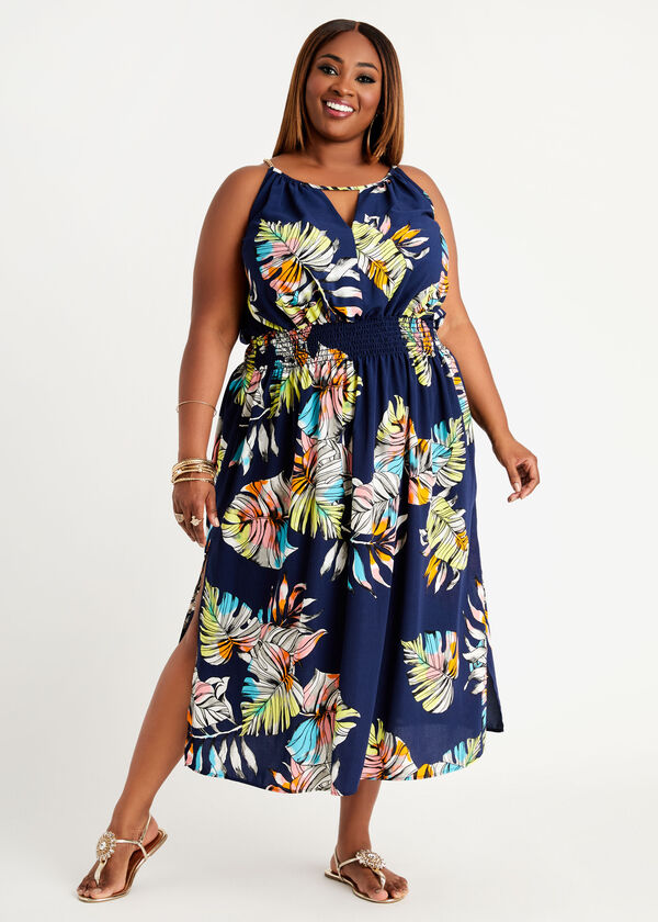 Tropical Side Slit Maxi Dress, Multi image number 0