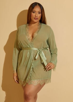 Satin And Lace Trimmed Robe Set, Light Pastel Green image number 0