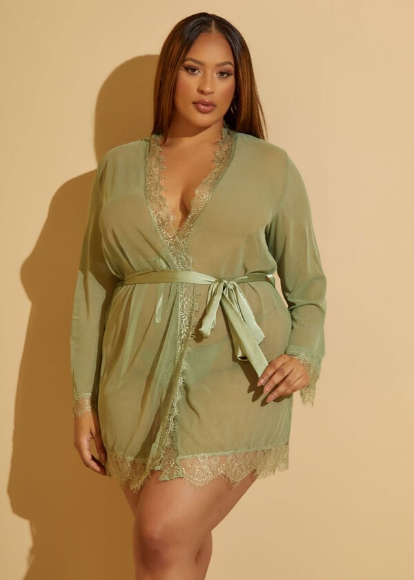 Satin And Lace Trimmed Robe Set, Light Pastel Green image number 0