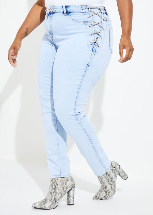 Embellished Lace Up Skinny Jeans, Blue image number 0