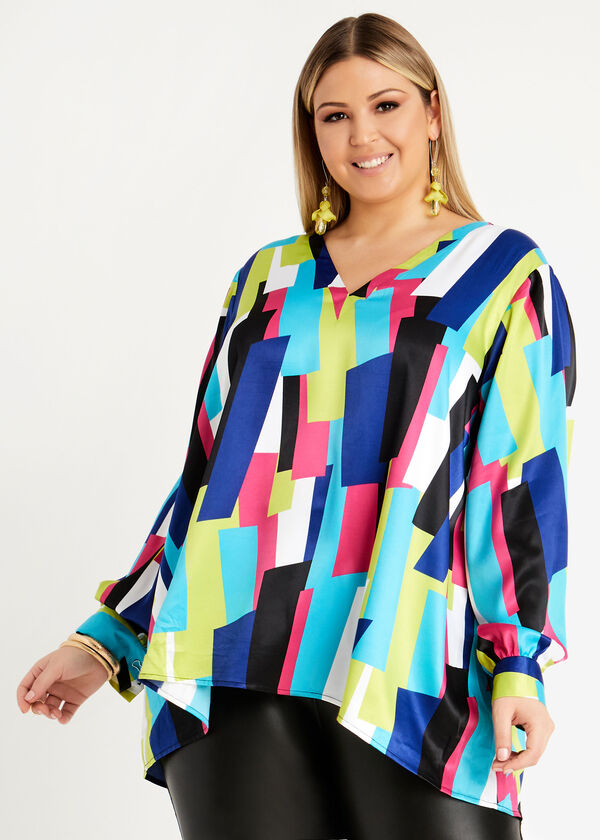 Colorblock Satin Tunic Blouse, Sodalite image number 0