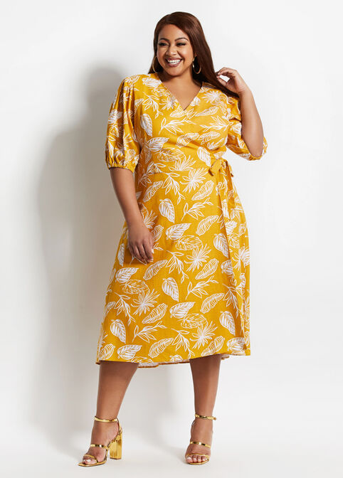 Tropical Linen Blend Wrap Dress, Nugget Gold image number 0