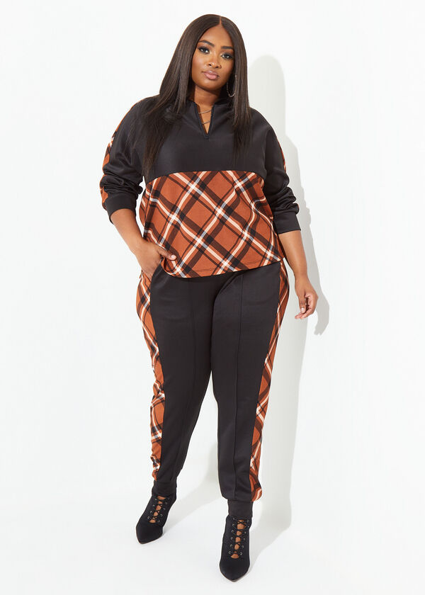Plaid Stretch Knit Hoodie, Black Combo image number 2