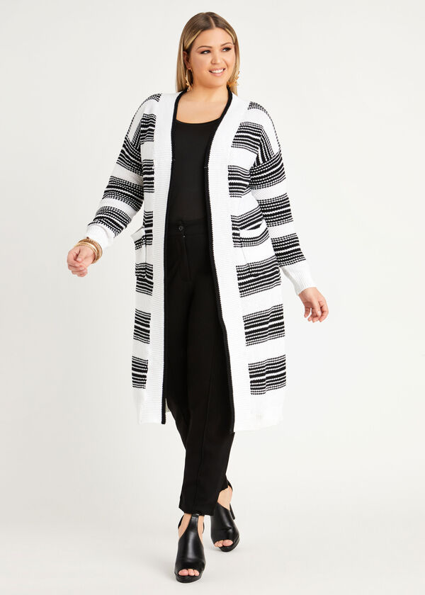 Stripe Seed Stitch Duster Cardigan, White Black image number 0
