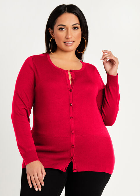 Red Crew Neck Knit Cardigan, Barbados Cherry image number 0