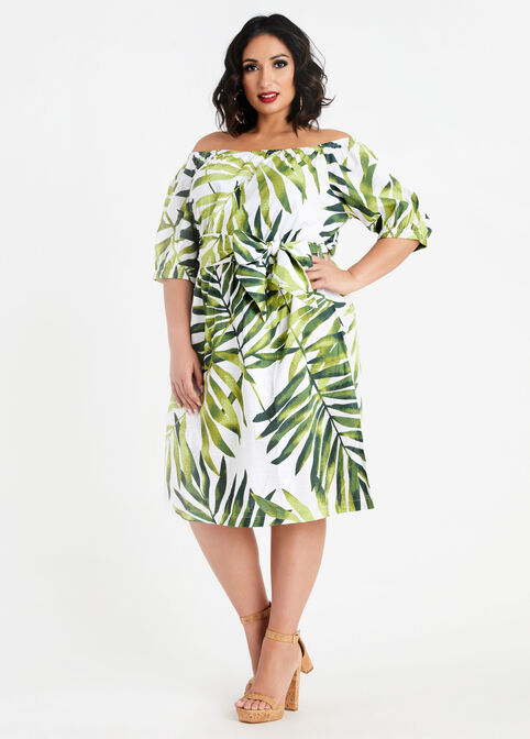 Belted Palm Leaf Cotton Dress, Artichoke Green image number 0
