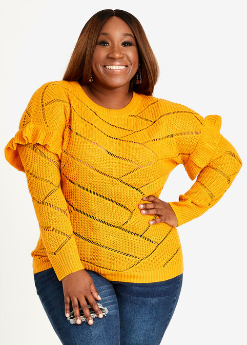 Open Knit Ruffle Sleeve Sweater, SUNFLOWER image number 0