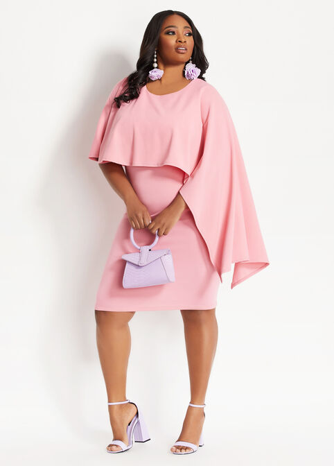 Asymmetric Cape Knee Length Dress, Pink image number 0