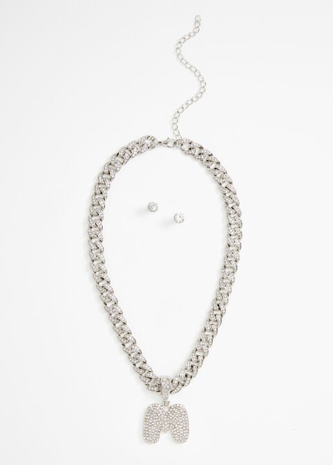 Pave Link M Initial Chain & Studs, Silver image number 1