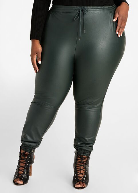 Faux Leather High Waist Joggers, Green image number 0