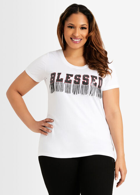 Sequin Blessed Bead Fringe Tee, White image number 0