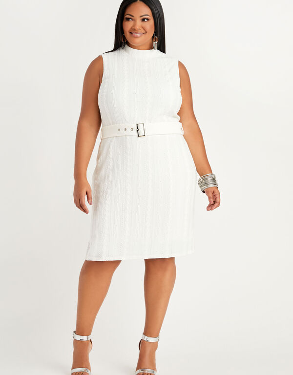 Belted Crocheted Sheath Dress, White image number 0