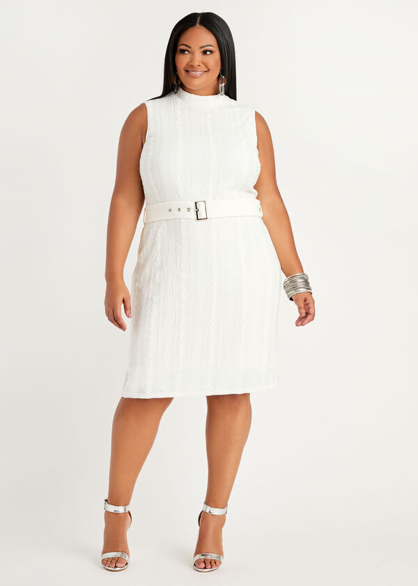 Belted Crocheted Sheath Dress, White image number 0