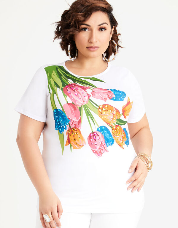 Rhinestone Floral Graphic Tee, White image number 0