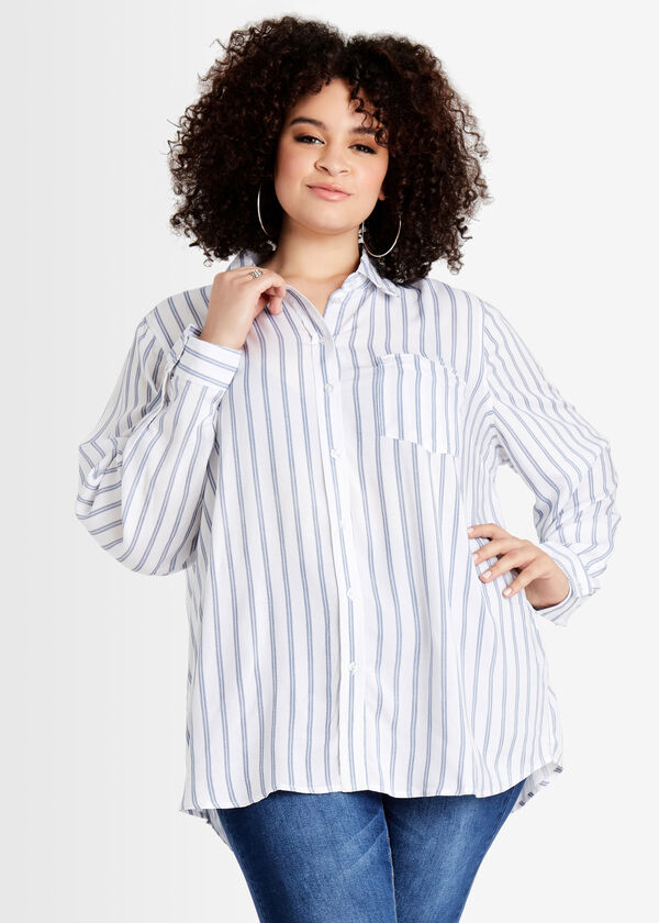 Double Stripe Hi Low Button Up Top, Blue image number 2