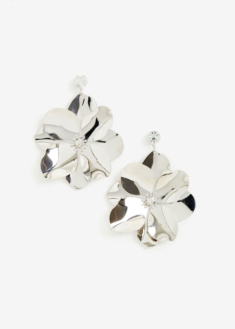 Silver Diamond Flower Drop Earrings, Silver image number 0