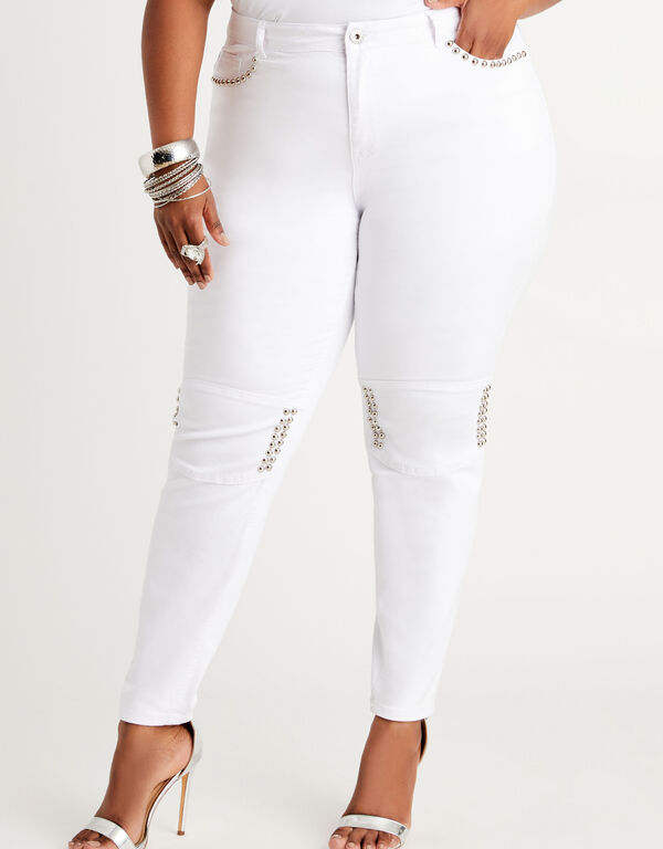 Studded High-Rise Skinny Jeans, White image number 0