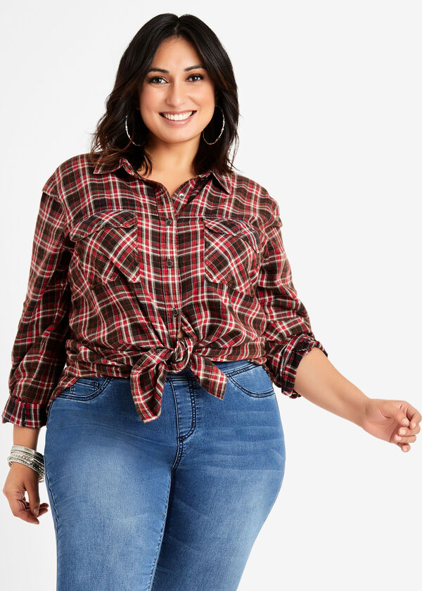 Red Plaid Cotton Button Up Top, Red image number 0