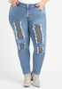 Distressed Embellished Skinny Jeans, Medium Blue image number 0