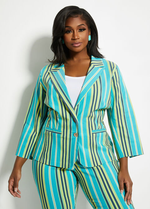 Striped Two-Button Lapel Blazer, Veridian Green image number 0