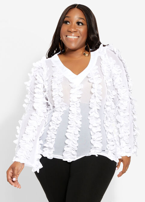 Ruffled Chiffon Mesh Front Top, White image number 0