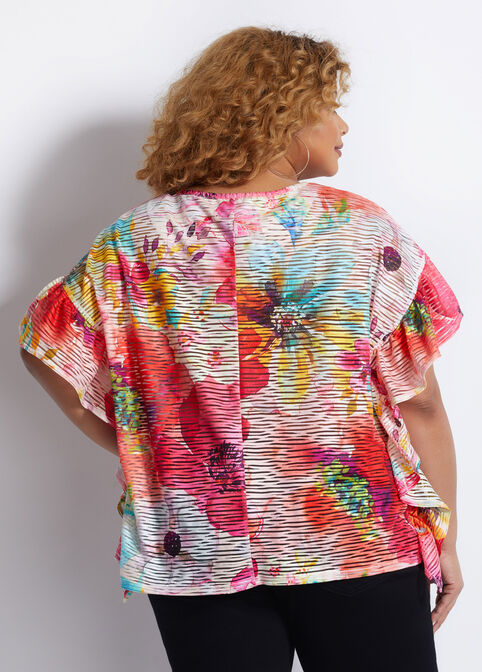 Floral Sheer Striped Ruffle Top, Multi image number 1