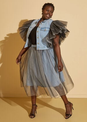 Tulle Layered Midi Denim Skirt, Medium Blue image number 0