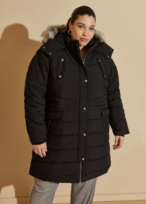 Faux Fur Trimmed Hooded Coat, Black image number 3