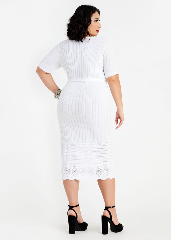 Belted Pointelle Hem Sweater Dress, White image number 1
