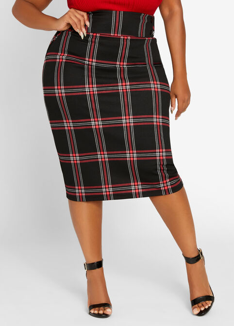 Plaid Button Accent Straight Skirt, Jester Red image number 0