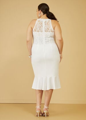 Flounced Lace Paneled Sheath Dress, White image number 1