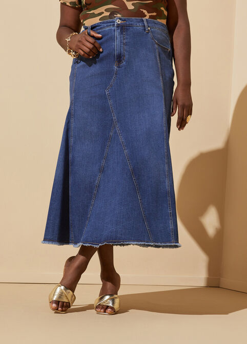 Frayed Stretch Denim Maxi Skirt, Medium Blue image number 2