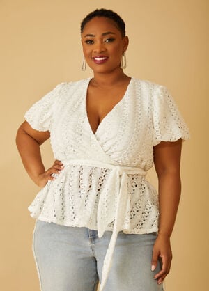 Textured Knit Faux Wrap Top, White image number 0
