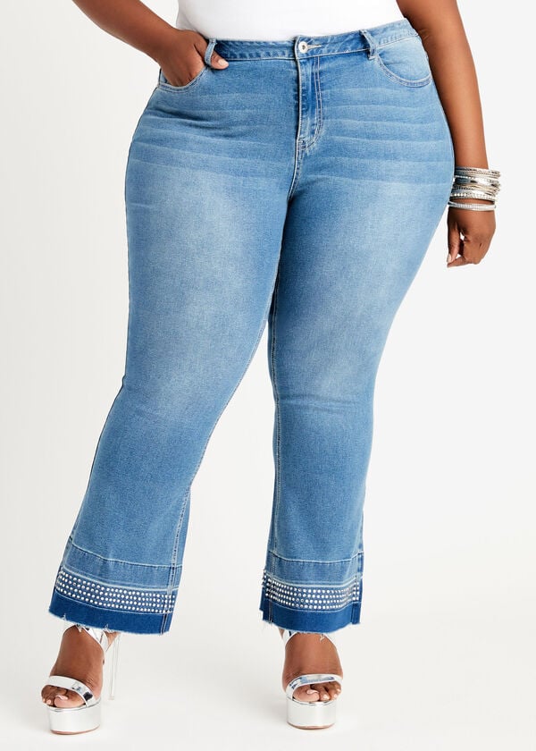 Crystal Embellished Flared Jeans, Medium Blue image number 0