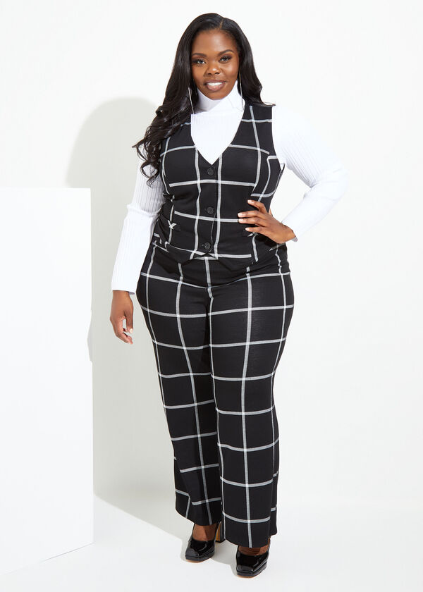 Plaid Knitted Wide Leg Pants, Black White image number 2