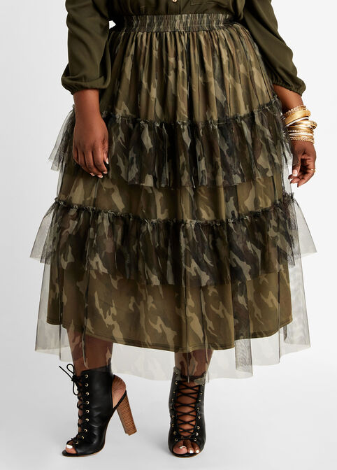 Camo Tiered High Waist Mesh Skirt, Military Olive image number 0