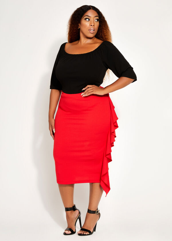 Plus Size Red Black Colorblock Off The Shoulder Ruffle Chic Midi Dress