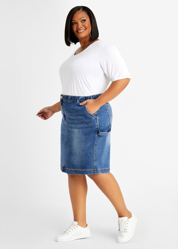 Slit Front Knee Length Denim Skirt, Medium Blue image number 2