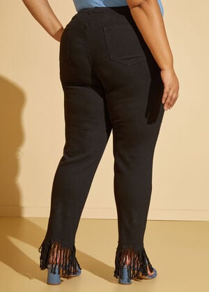 Mid Rise Fringed Skinny Jeans, Black image number 1