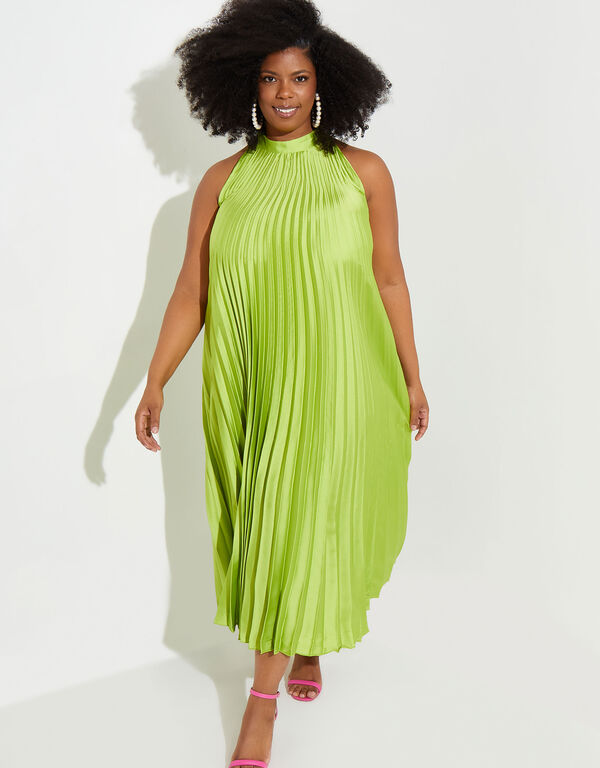Accordion Pleated Satin Maxi Dress, Green image number 1