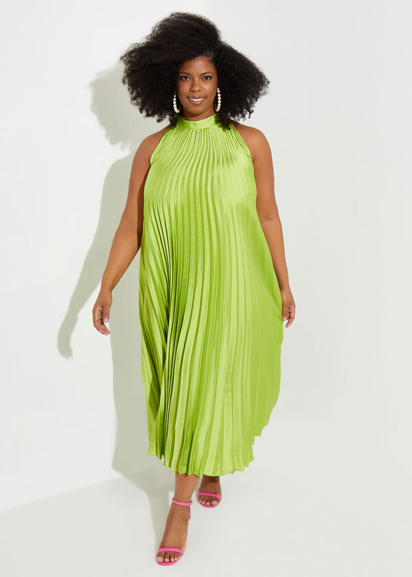 Accordion Pleated Satin Maxi Dress, Green image number 1