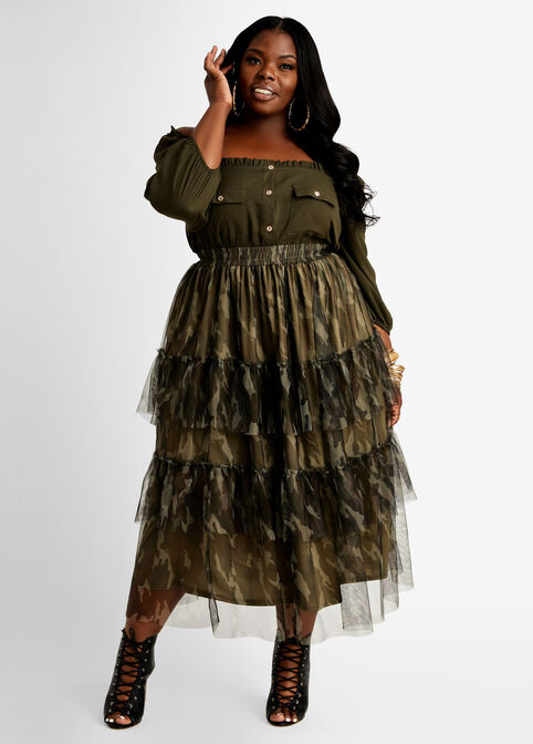 Camo Tiered High Waist Mesh Skirt, Military Olive image number 2