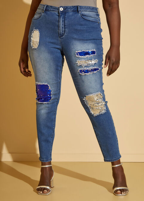 Cutout Sequined Skinny Jeans, Blue image number 3
