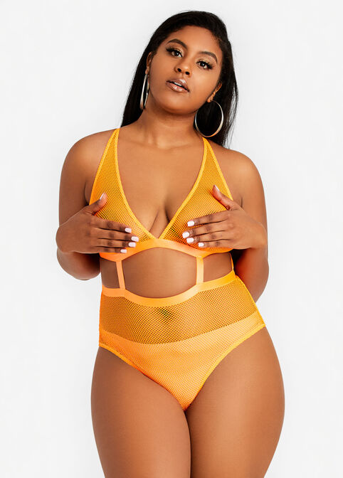 Neon Mesh Cutout Thong Bodysuit, Orange image number 0