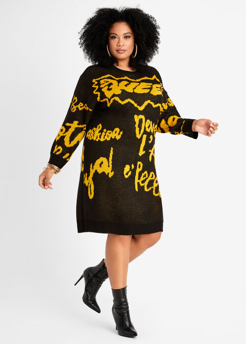 Plus Size Cozy Chic Oversize Graffiti Queen Colorblock Sweater Dresses image number 0
